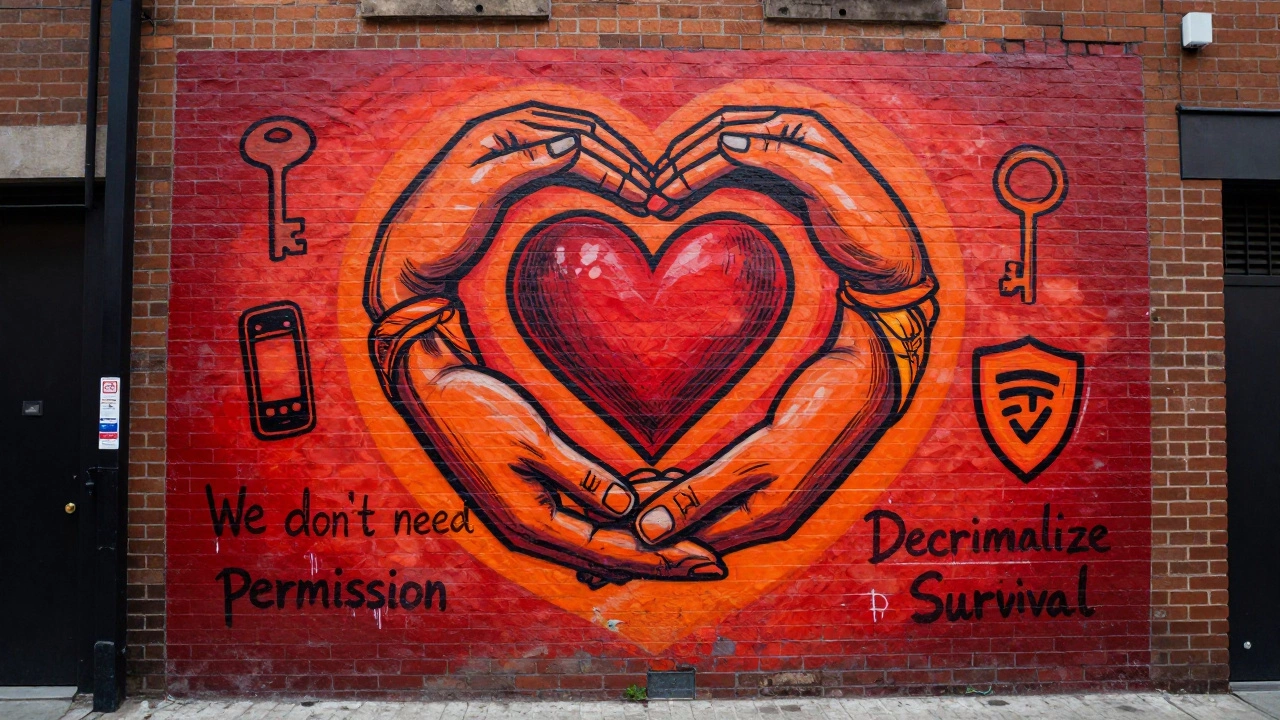 A vibrant mural showing hands forming a circle around a heart, symbolizing community solidarity.