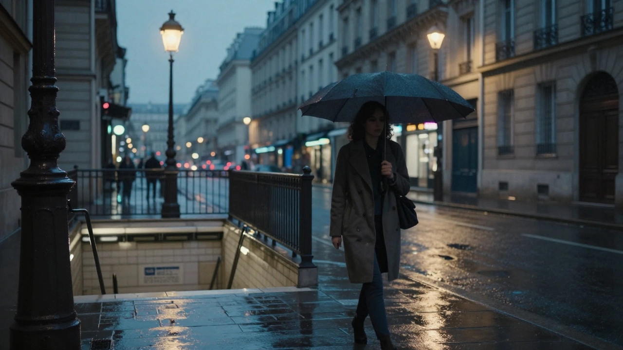 A woman walking alone in a rainy Paris street at night, umbrella raised, no one around, reflections on wet pavement.