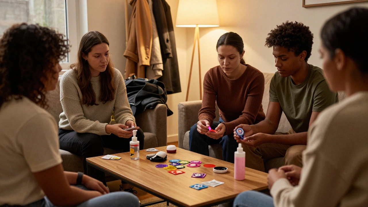 Sex workers sharing harm reduction supplies in a warm, intimate home setting.